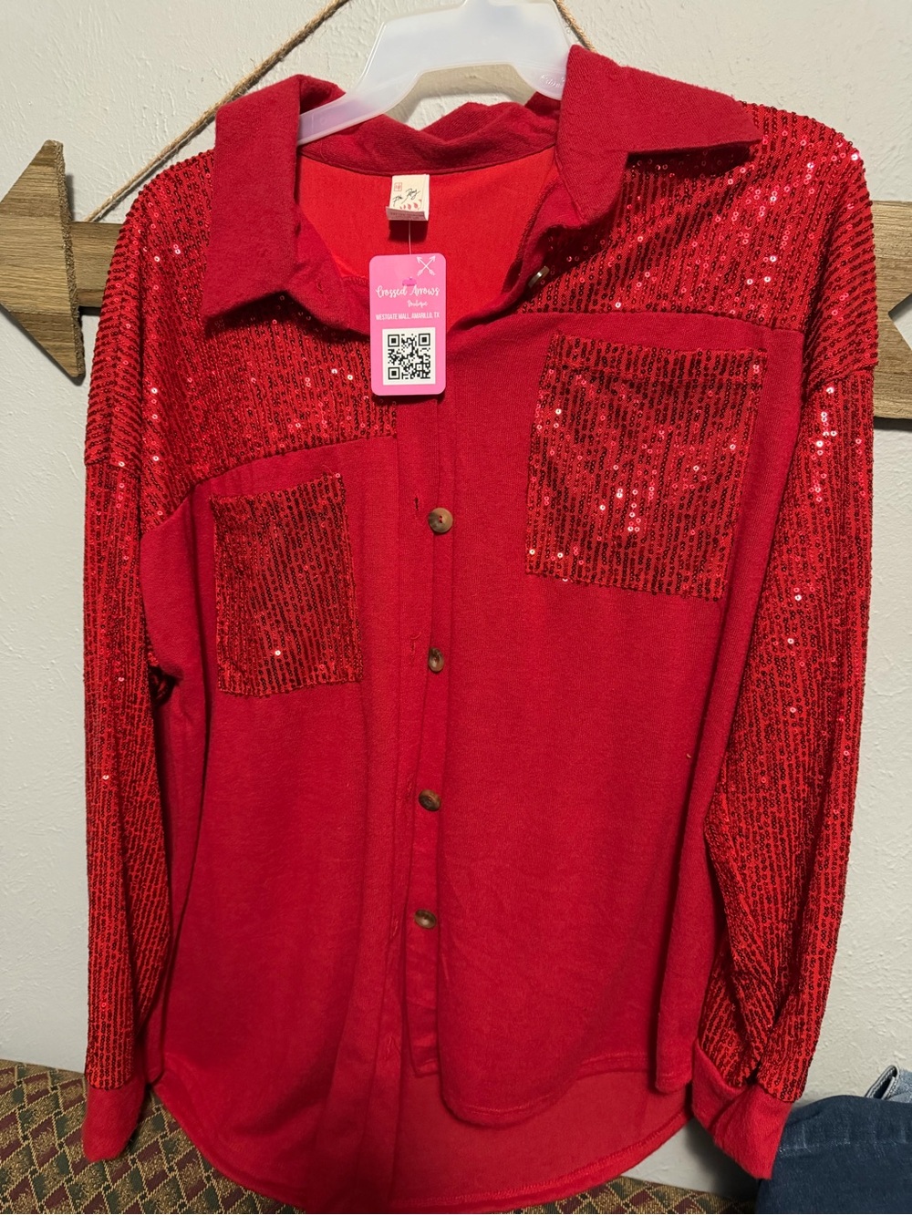Women’s Red Sequin Button-Up Shirt - Sparkle Detail